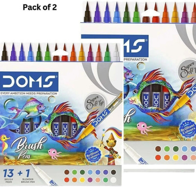 DOMS DOMS High Quality Brush Pens 14 Shades pack of 1 (13 diverse + 1 blender pen) Excellent colour laydown Nib Sketch Pens(Set of 2, Multicolor)