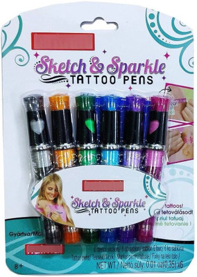 Sannu Sketch and Sparkle Tattoo Pens Activity toy Set with Stencils for kids Curved Nib Sketch Pens(Set of 6, Multicolor)