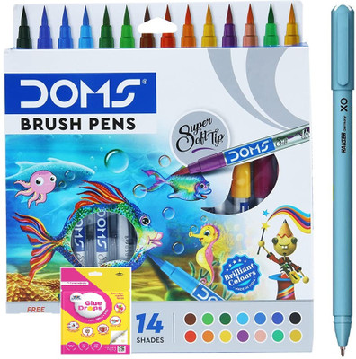 DOMS Brush Pen Brush Nib Sketch Pens(Set of 14, Multicolor With Glue Drops & XO Pen)