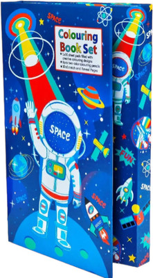 VJMART Space Coloring & Scratch 2-in-1 Book Set | 30 Coloring | 10 Scratch Reveal Pages Round Shaped Color Pencils(Set of 1, Blue)