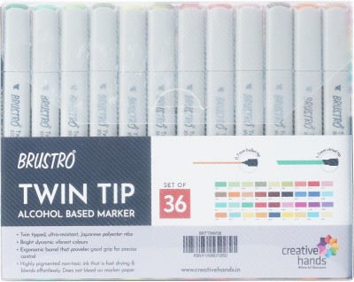 BRuSTRO Twin Tip Alcohol Based Marker Sets (Set of 36 Basic) in Crossline PP See through Box Nib Sketch Pens(Set of 3, mixed)