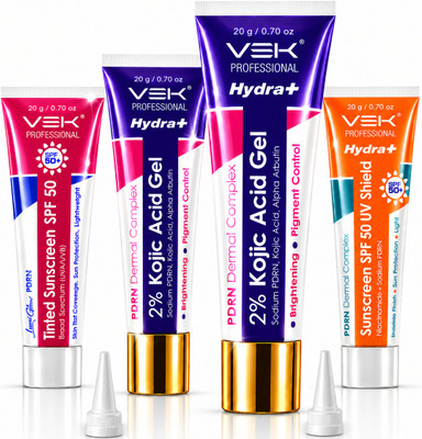 Vsk Professionals Hydrate 2% Kojic Acid Serum in Gel with PDRN Dermal Complex, Glow Sunscreen & Tinted Sunscreen SPF 50+ | Alpha Arbutin Brightening Treatment for Dark Spots, Melasma & Uneven Skin Tone | Lightweight Non-Greasy Daily Use Combo |4 Tubes 20g(80 g)