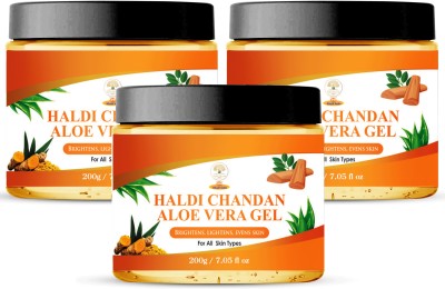 Kalah Herbals Aloe Vera Gel with Haldi & Chandan for Face, Skin & Hair | Moisturizing, Skin Brightening, Anti-Acne Pure Aloe Vera Gel -200g (Pack of 3)(600 g)