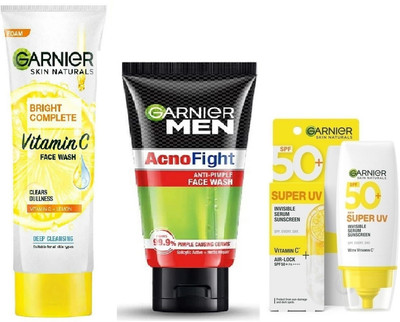Garnier Bright Complete Super UV Invisible Serum Sunscreen SPF 50 PA++++ UVA/B, 30ml + Vitamin C Foam Face Wash 100g + Acno Fight Anti Pimple Face Wash 100g(230 g) Garnier Bright Complete Super UV Invisible Serum Sunscreen SPF 50 PA++++ UVA/B, 30ml + Vitamin C Foam Face Wash 100g + Acno Fight Anti Pimple Face Wash 100g(230 g)