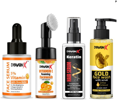 DYAVONX Face & Hair Care Kit Vitamin C & Gold Face Wash (100 ML) + Keratin Hair Serum (60 ML) + Face Serum(30 ml)