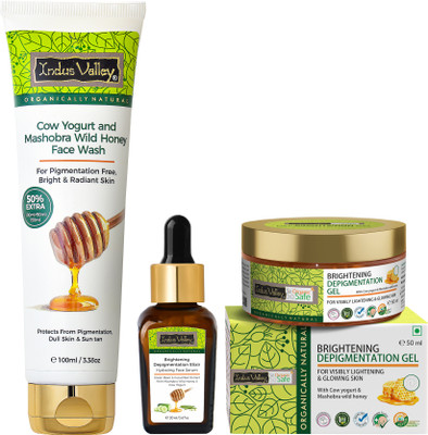 Indus Valley Anti Pigmentation Regime - Depigmentation Gel - 50ml, Brightening Depigmentation Elixir Serum - 20ml & Cow Yogurt And Mashobra Wild Honey Face Wash - 150 ml(220 ml)