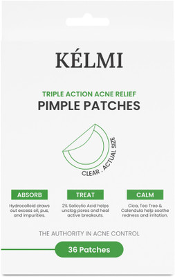 kelmi Triple Action Acne Pimple Patch – 36 Dots | Hydrocolloid, 2% Salicylic Acid & Tea Tree | Invisible, Ultra-Thin & Waterproof | Overnight Pimple Remover for Acne, Whiteheads & Breakouts | For All Skin Types(10 g)