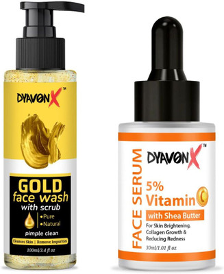 DYAVONX Skin Brightening & Deep Cleansing Combo Vitamin C Face Serum with Shea Butter (30ml) + Gold Facewash with Scrub(100 ml)