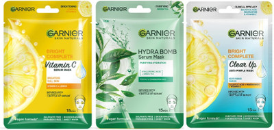 Garnier Bright Complete Yellow + Green + Anti-Pimple Sheet Mask Collection – Mixed Pack of 3 for All Skin Types(84 g)