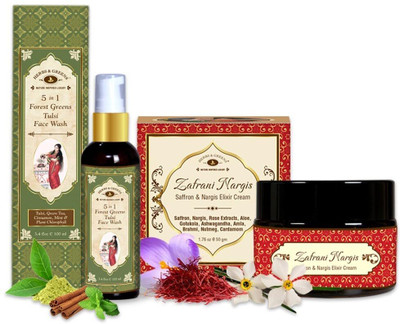 Herbs&Greens Ultimate Skin Care Duo: 5-in-1 Forest Greens Tulsi Face Wash (100 ml) & Zafrani Nargis Anti-Aging Elixir Cream (50 gm) - Deep Cleansing, Brightening, & Moisturizing for All Skin Types(150 g)