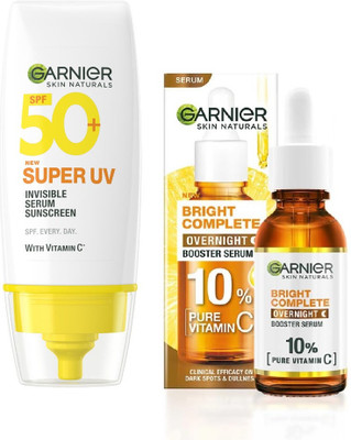 GARNIER SPF 50 PA+++ for UVA/B Invisible Serum Sunscreen for Broad Spectrum with No White Cast + Vitamin C OverNight Serum-15ml(2 Items in the set)