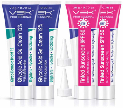 Vsk Professionals 12% Glycolic Acid Cream Gel for Brightning, Anti-Pigmentation & Melasma Acne, Pimples & Dark Spots | Unclogs Pores, Smooth Skin Care With PDRN SPF50 Sunscreen Combo 4 Tubes 20g each (80grm)(80 ml)