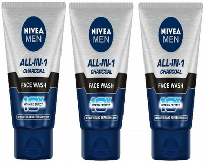 Nivea Men All-In-1  with Charcoal for Deep Clean 3D Action, Oil Control & Acne Reduction | Removes Dirt, Pollutants & Blackheads | Suitable for Oily Skin - 50ml (PACK OF 3) Face Wash(150 g)