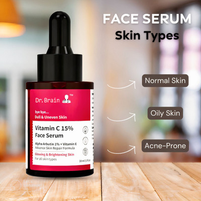 DR.BRAIN Vitamin C 15% Face Serum with Alpha Arbutin & Vitamin E | Brightening & Glowing Skin | For All Skin Types(30 ml)