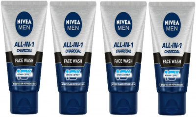 Nivea Men All-In-1  with Charcoal for Deep Clean 3D Action, Oil Control & Acne Reduction | Removes Dirt, Pollutants & Blackheads | Suitable for Oily Skin - 50ml (PACK OF 4) Face Wash(200 g)