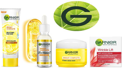 GARNIER Bright Complete Brightening and Anti-Aging Morning Routine Combo pack(4 Items in the set)