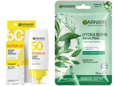 GARNIER Super UV Invisible Serum Sunscreen SPF 50 PA++++ UVA/B, 30ml + Green Tea Extract Sheet Mask 28g..(2 Items in the set)