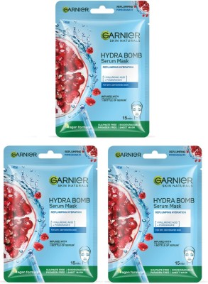 Garnier Bright Complete Serum Mask, Hydrating & Soothing, Hydra Bomb Pomegranate Mask, 28g (PACK OF 3)(84 g)