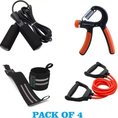 Akp Pack of 4 Skipping rope + wrist Band + Hand Gripper + Tunning tube Ball Bearing Skipping Rope(Black, Length: 259 cm)