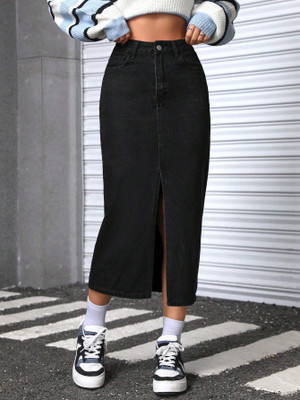 Aahwan Solid Women Straight Black Skirt