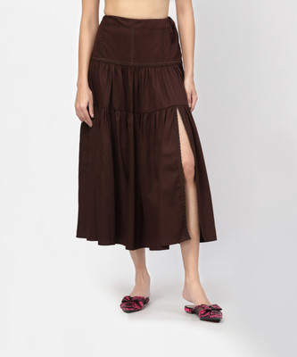 LELA Solid Women A-line Brown Skirt