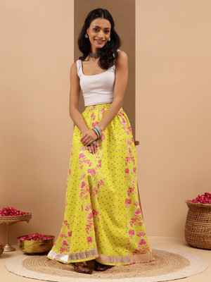 Janasya Floral Print Women Flared Yellow Skirt