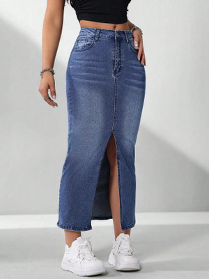 ACUAN Washed Women Pencil Dark Blue Skirt
