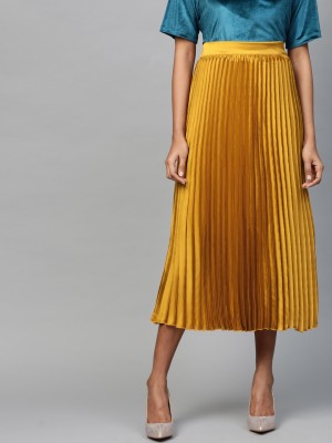 SASSAFRAS Solid Women Pleated Yellow Skirt