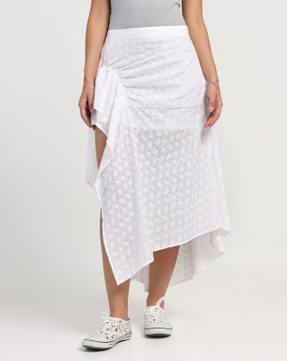 LELA Solid Women Asymetric White Skirt