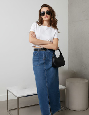 High-Buy Solid Women Straight Blue Skirt