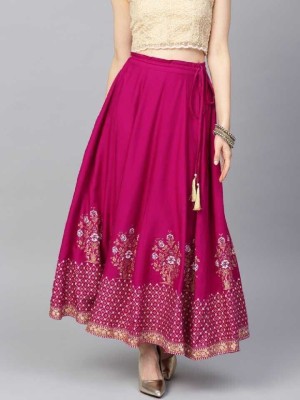 kumbhaj Floral Print Women Flared Pink Skirt