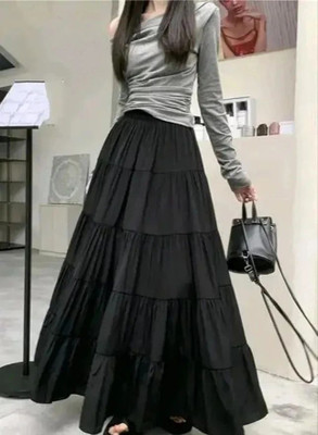 Rudraansh Fashion Solid Women Flared Black Skirt