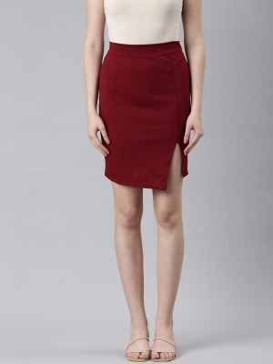 Showoff Solid Women Pencil Maroon Skirt