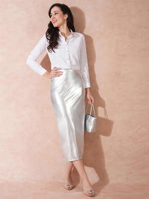 Globus Solid Women Pencil Silver Skirt