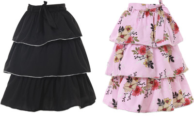 Miranga Floral Print Girls Pleated Black Skirt