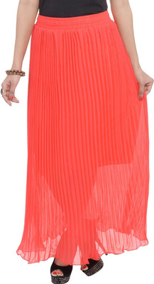 JABAMA Solid Women Pleated Orange Skirt