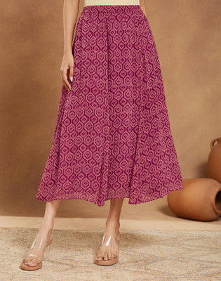 Fabindia Printed Women Flared Pink Skirt
