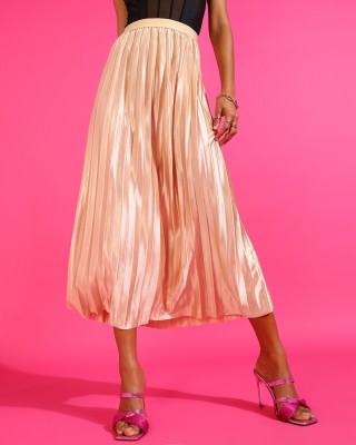 XO LOVE Solid Women Pleated Beige Skirt