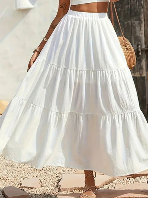 PINK HUB Solid Women Flared White Skirt