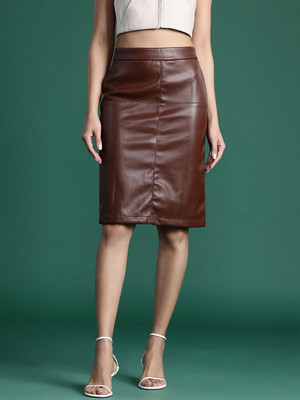 Dressberry Solid Women Straight Brown Skirt