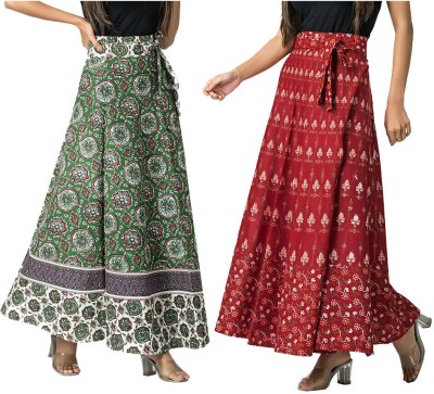 MayFay Printed Women Wrap Around Green, Maroon Skirt