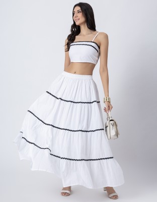 moomaya Striped Women Tiered White Skirt