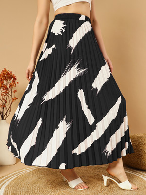 ZWERLON Printed Women Pleated Black Skirt