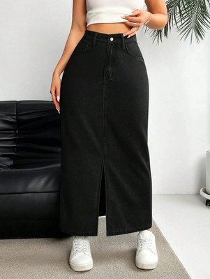 Herway Solid Women Regular Black Skirt