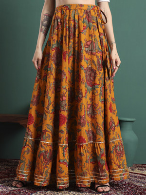 CHARMANT Floral Print Women Flared Yellow Skirt