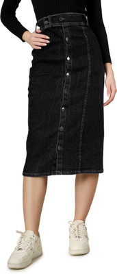 AKSHA CREATION Solid Women Straight Black Skirt