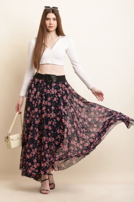 Neoen Floral Print Women Flared Dark Blue, Pink Skirt