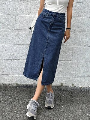 dolsia Solid Women Pencil Blue Skirt