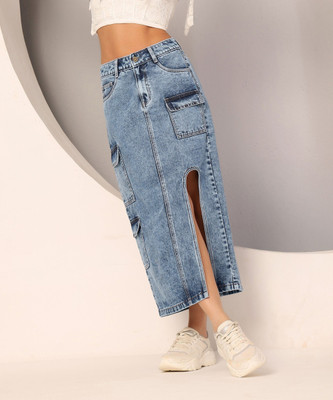 DOLCE CRUDO Solid Women Flared Blue Skirt