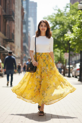 Sands Apparel Floral Print Women Regular Yellow Skirt